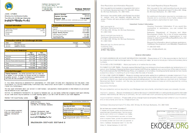 Relevé hypothécaire de la Banque de développement des Caraïbes de la Barbade, 2 pages, 1, 2 scr